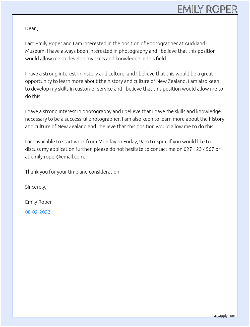 Photographer At Auckland Museum Cover Letter