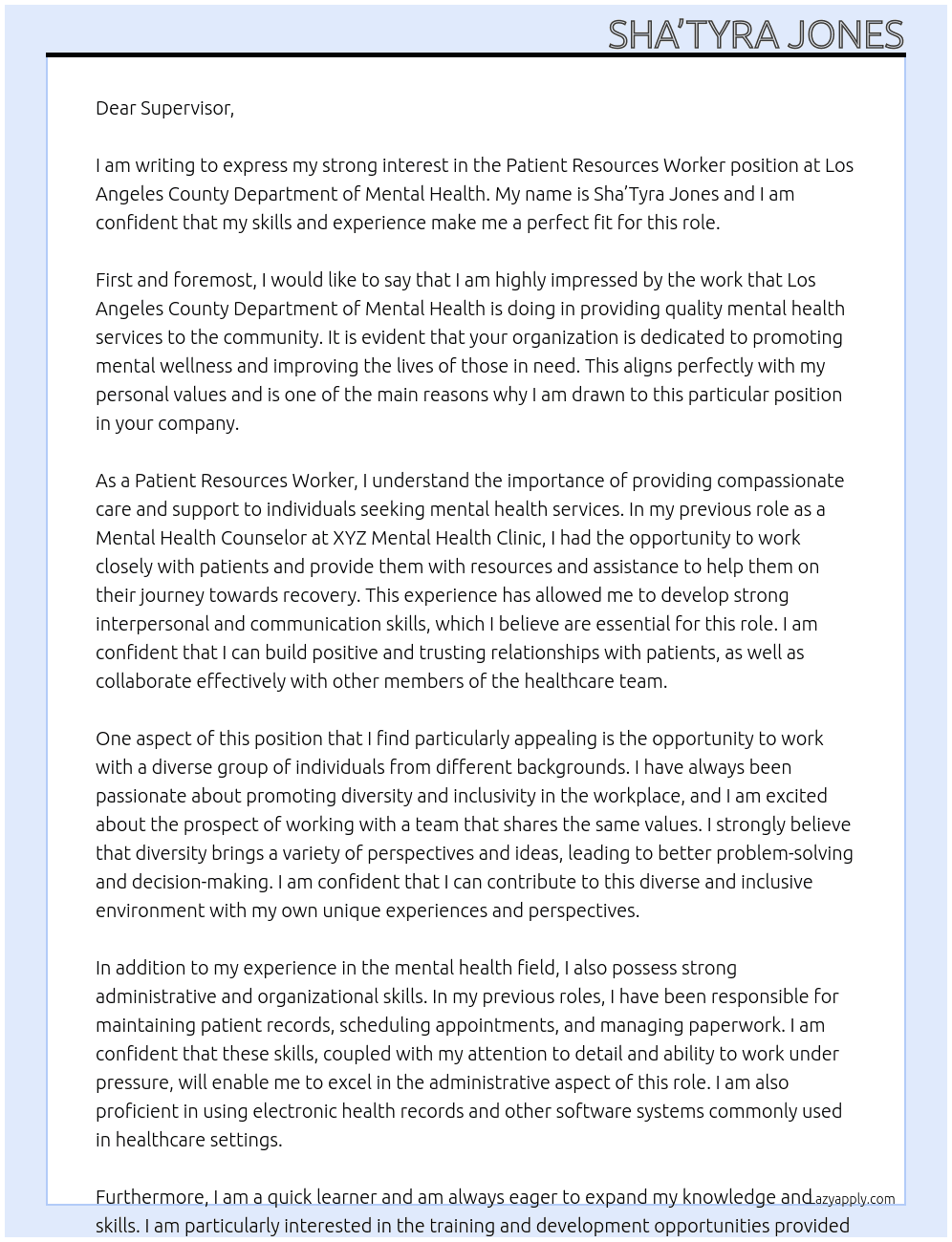 Patient Resources Worker At Los Angeles County Department of Mental Health Cover Letter