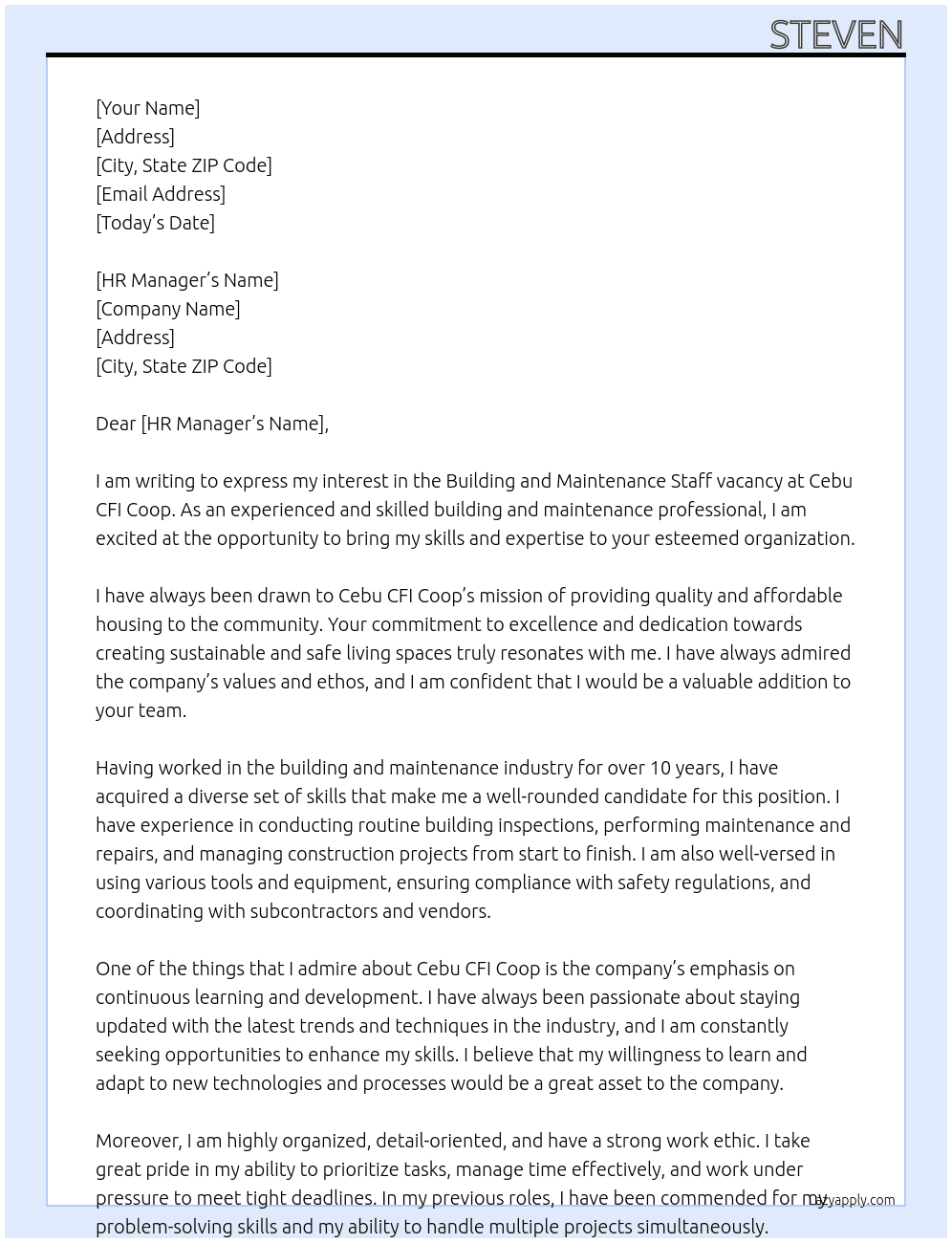 Building and maintenance Staff Vacany At Cebu CFI Coop Cover Letter
