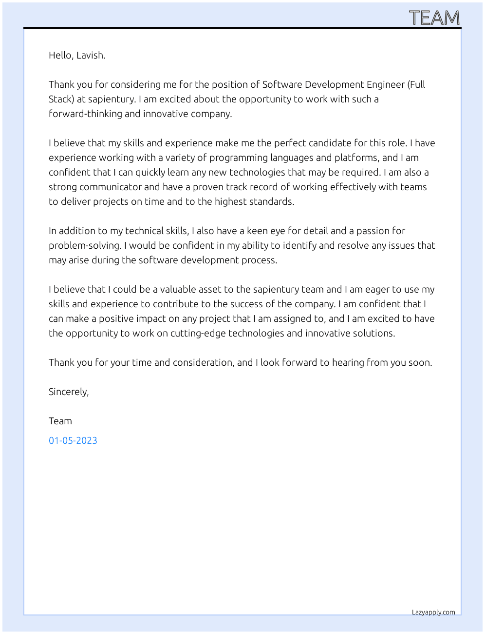 Software Development Engineer (Full Stack) At sapientury Cover Letter