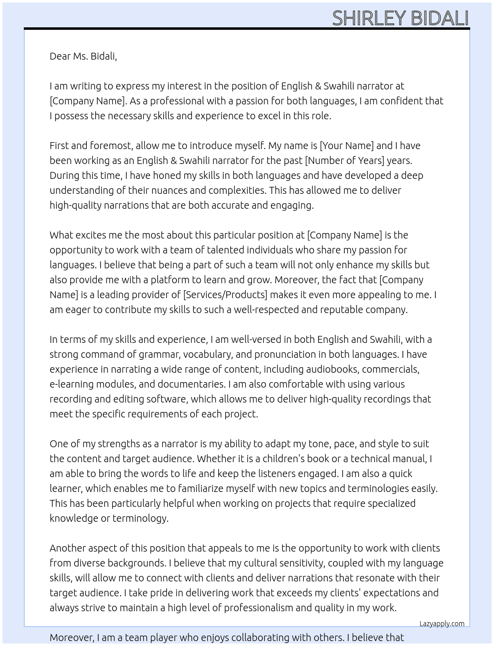 English & Swahili narrator At Shirley Bidali Cover Letter