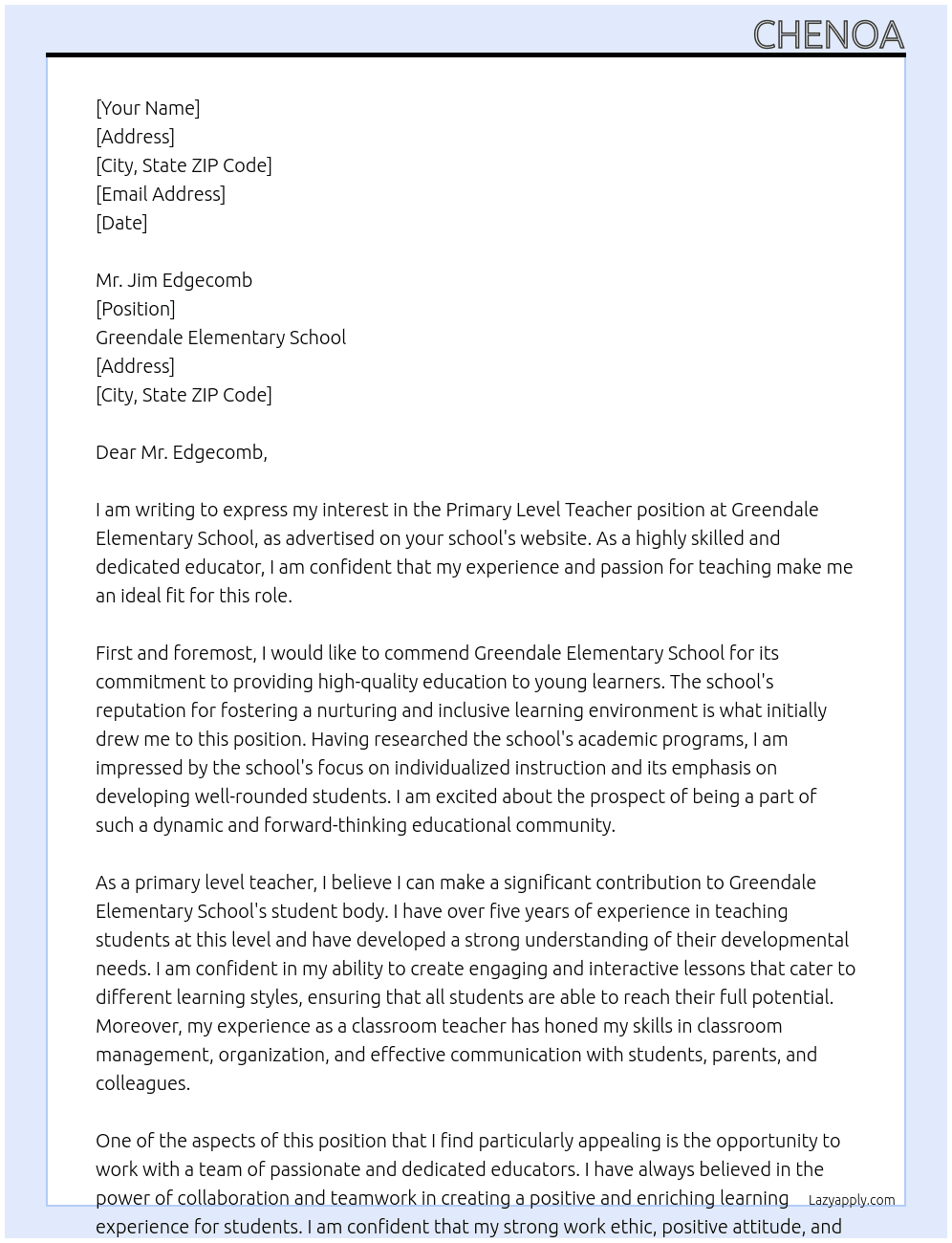 Primary level teacher At Greendale Elementary School Cover Letter