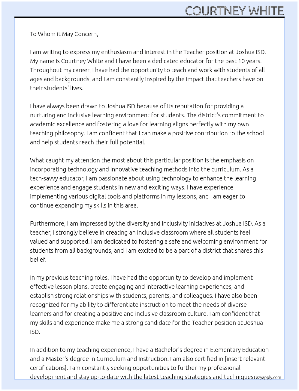 Teacher At Joshua ISD Cover Letter