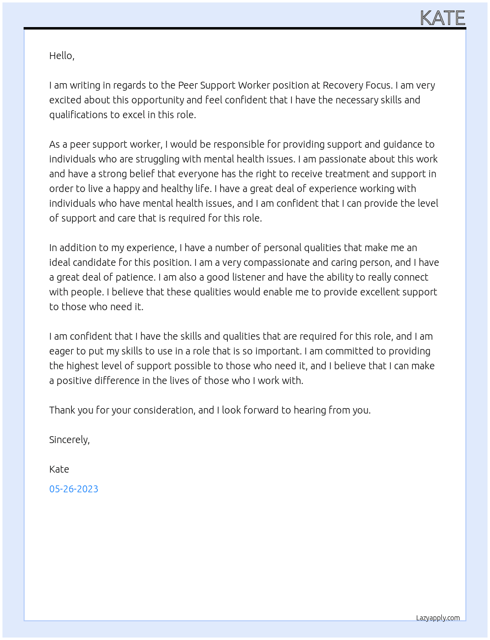 Peer Support Worker At Recovery Focus Cover Letter
