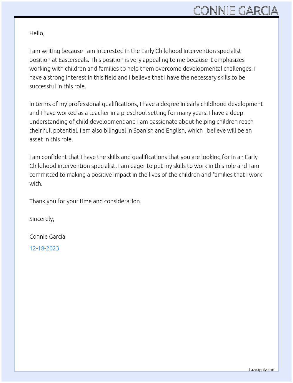 Early Childhood intervention specialist  At Easterseasl Cover Letter