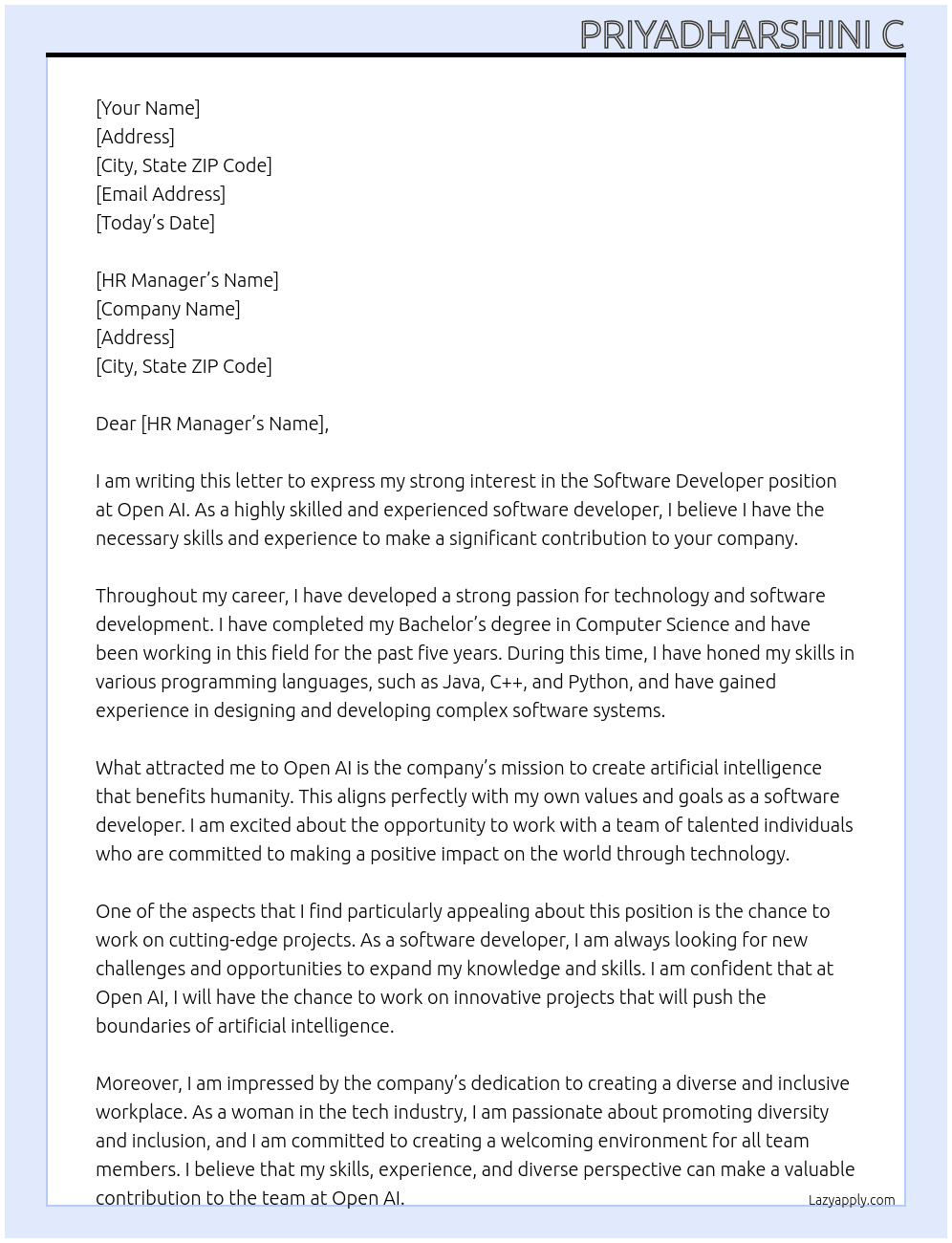 Software developer  At Open AI Cover Letter