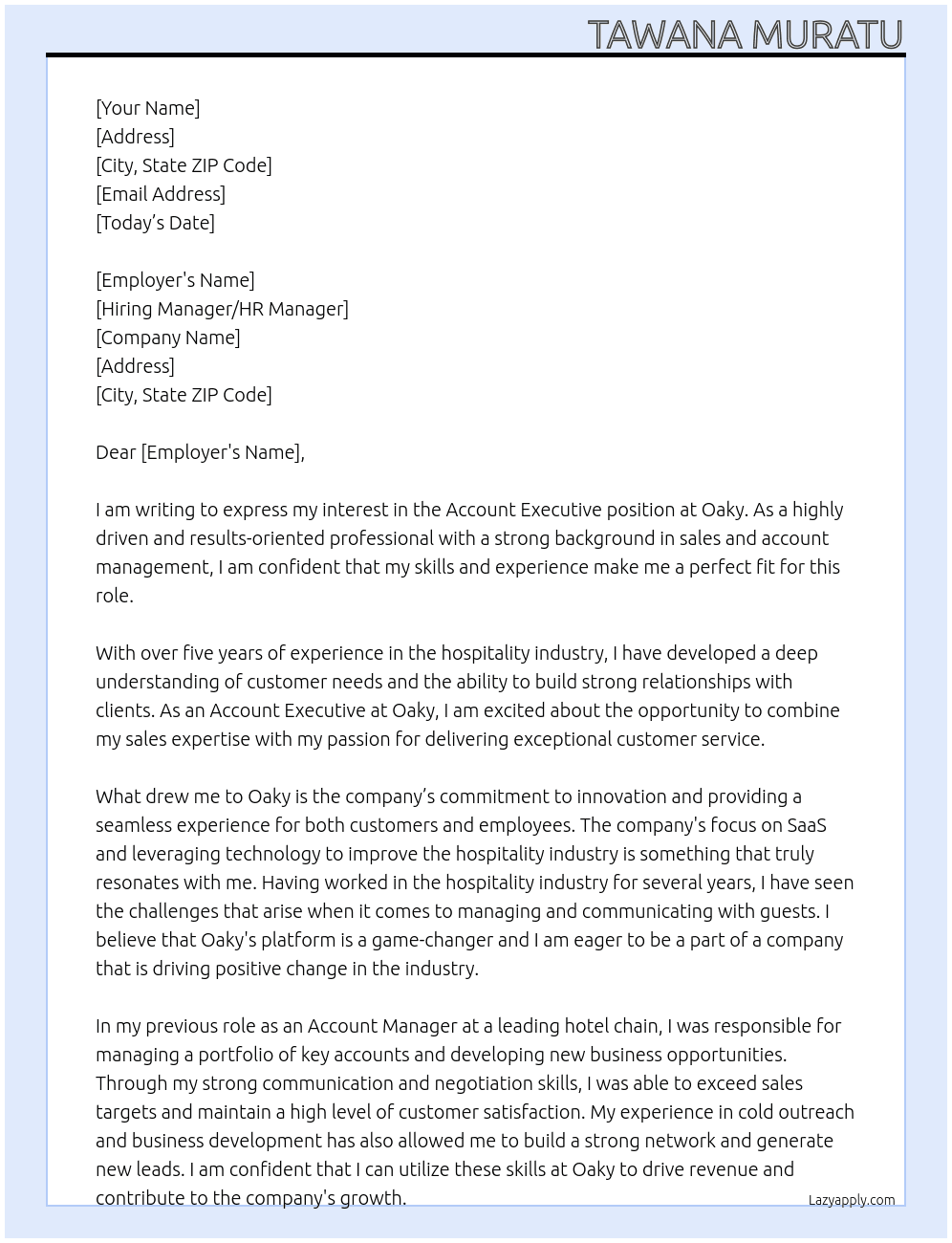 Account Executive At Oaky Cover Letter