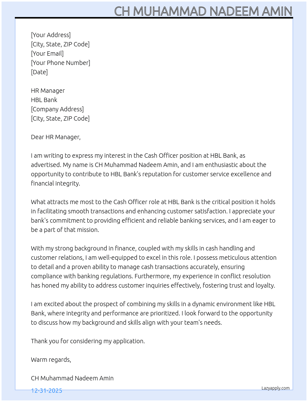 CASH OFFICER At HBL BANK Cover Letter