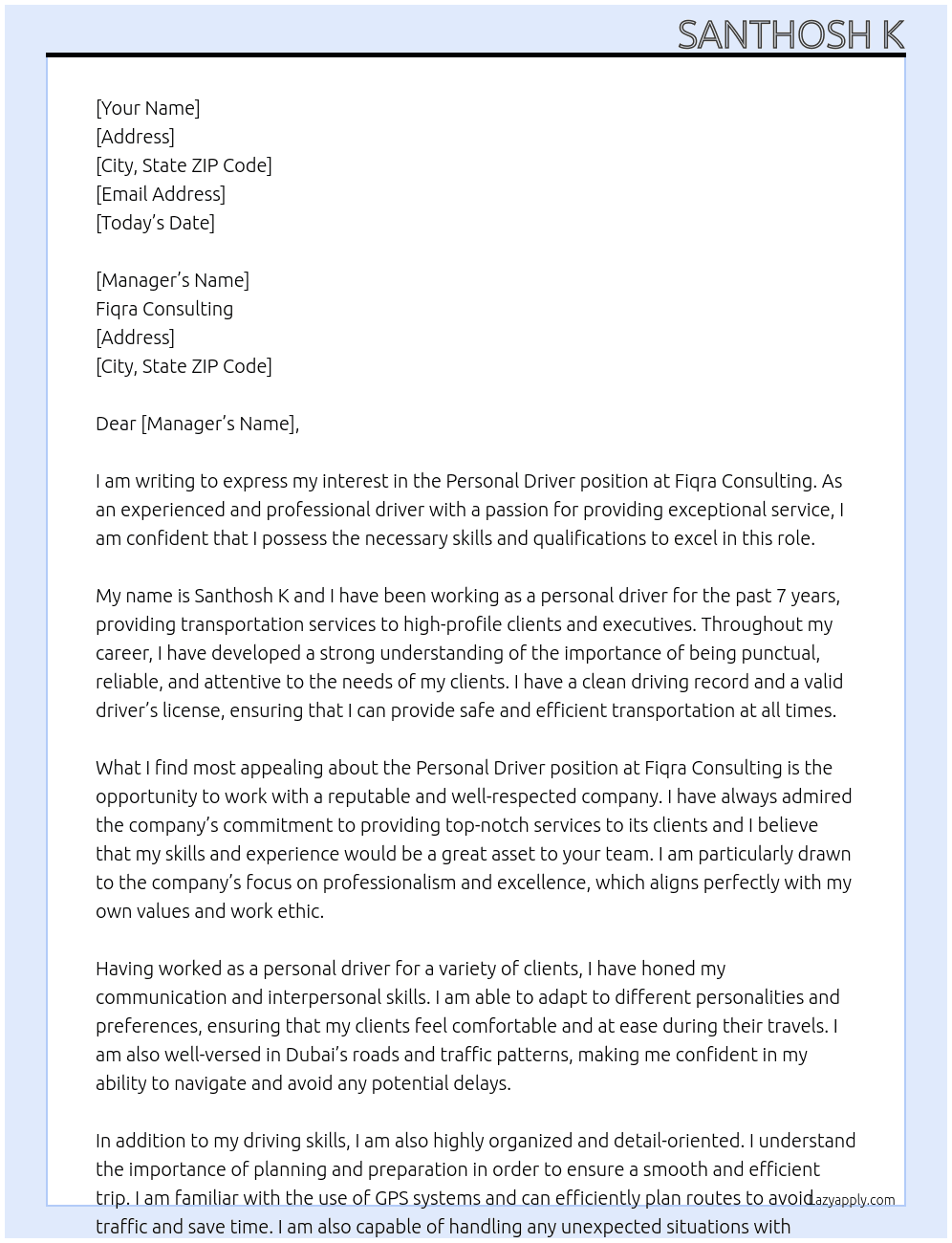 Personal driver  At Fiqra consulting  Cover Letter