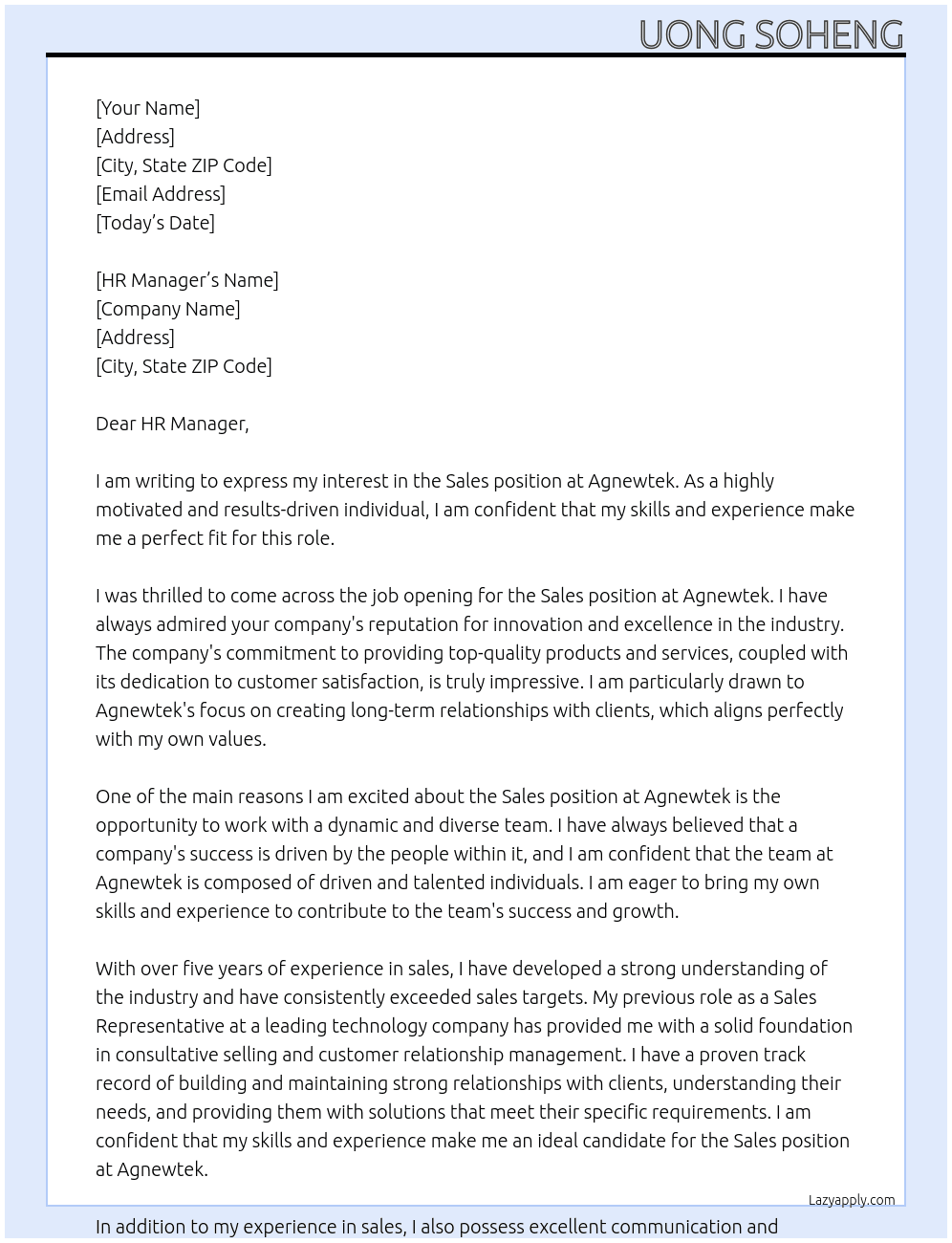 Sale At Agnewtek Cover Letter