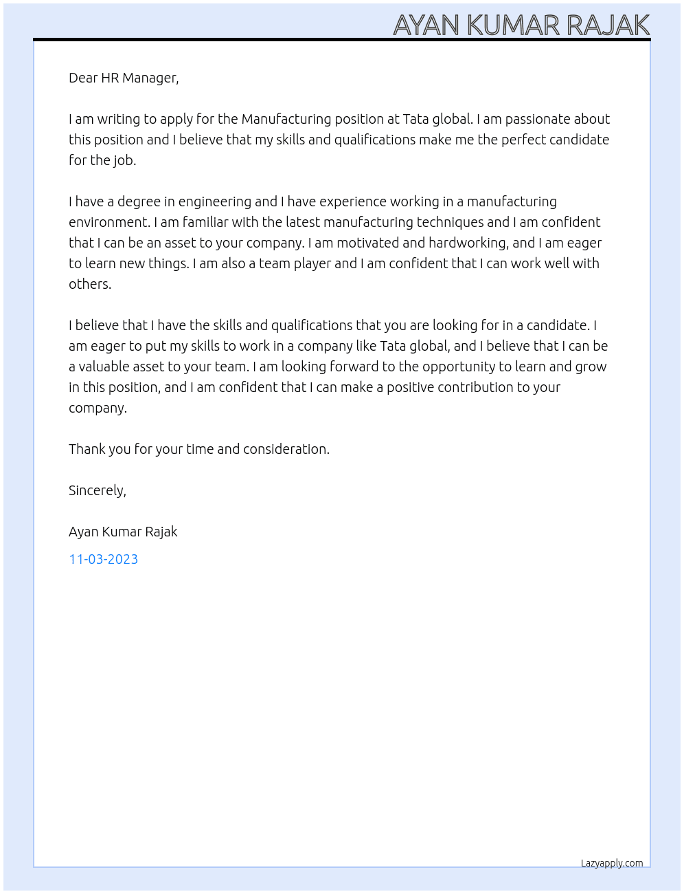 Manufacturing At Tata global Cover Letter