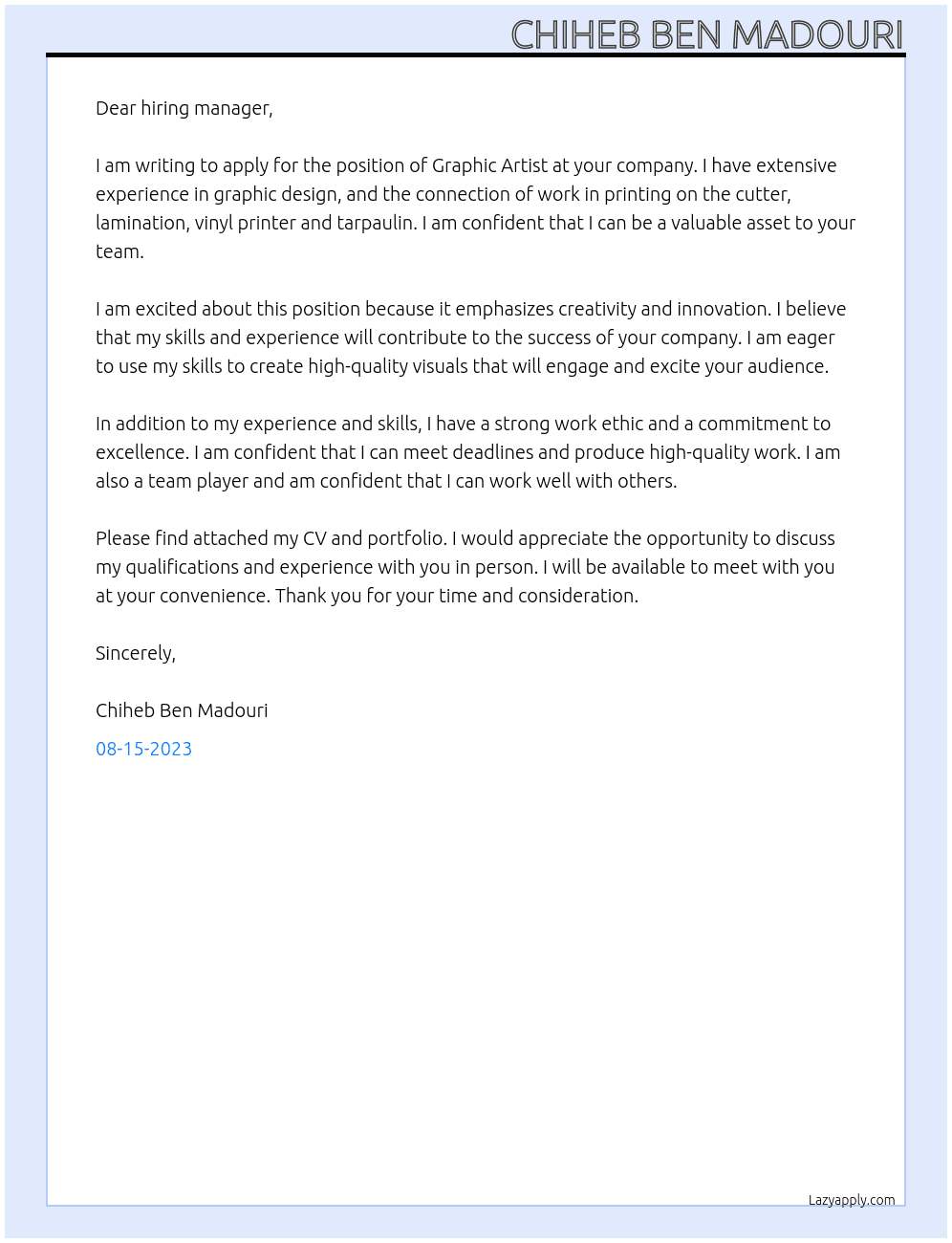 Graphic artist At . Cover Letter