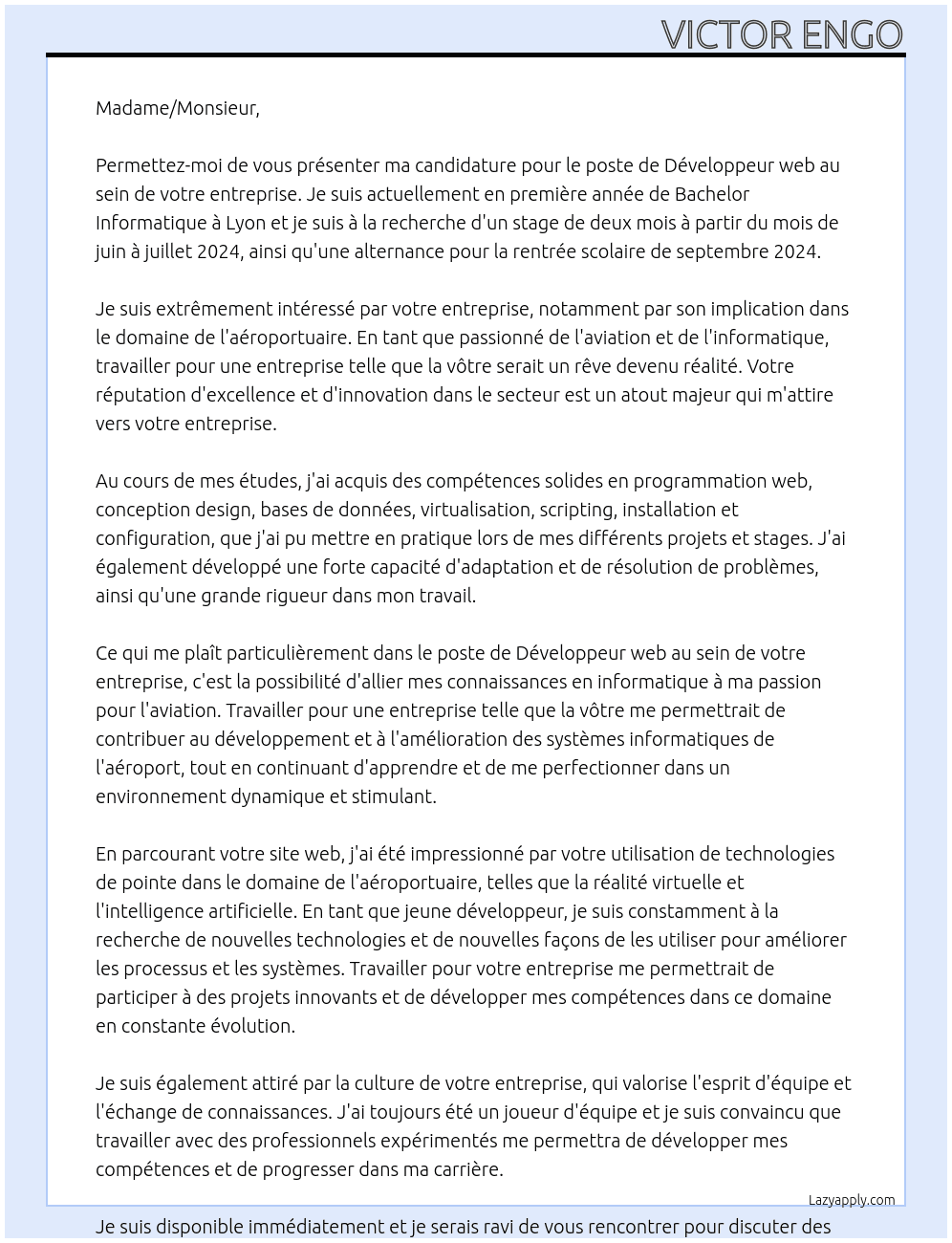Développeur web  At Aéroport  Cover Letter
