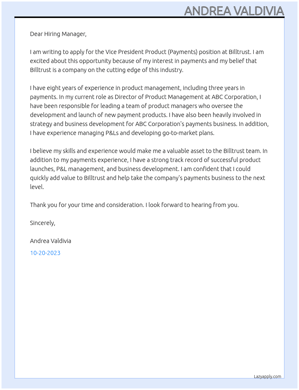 Vice President Product (Payments) At Billtrust Cover Letter