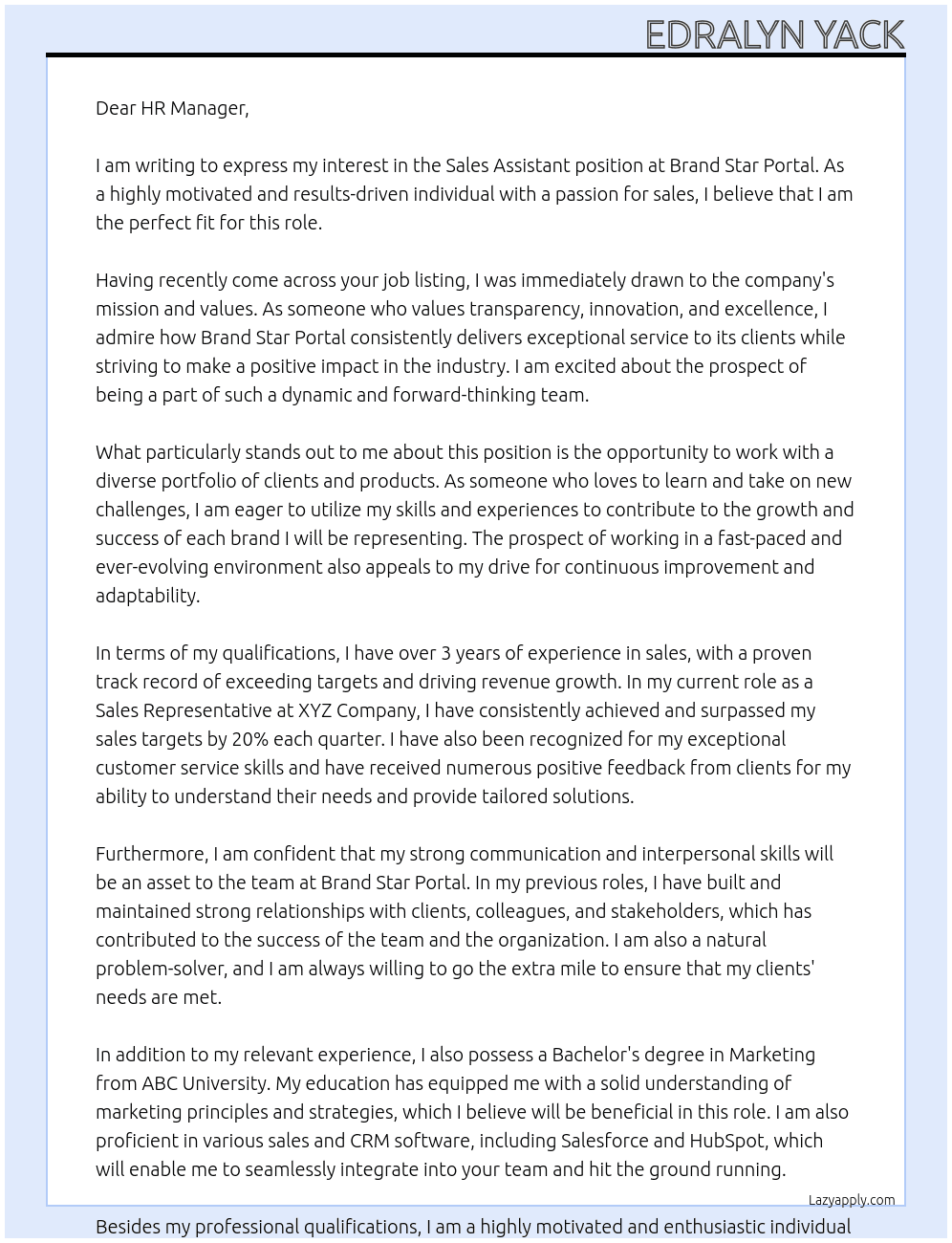 Sales Assistant  At Brand star portal Cover Letter