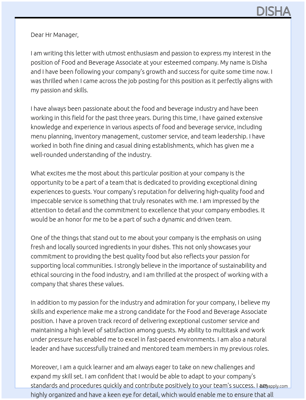food and beverage associate At At your esteemed company Cover Letter
