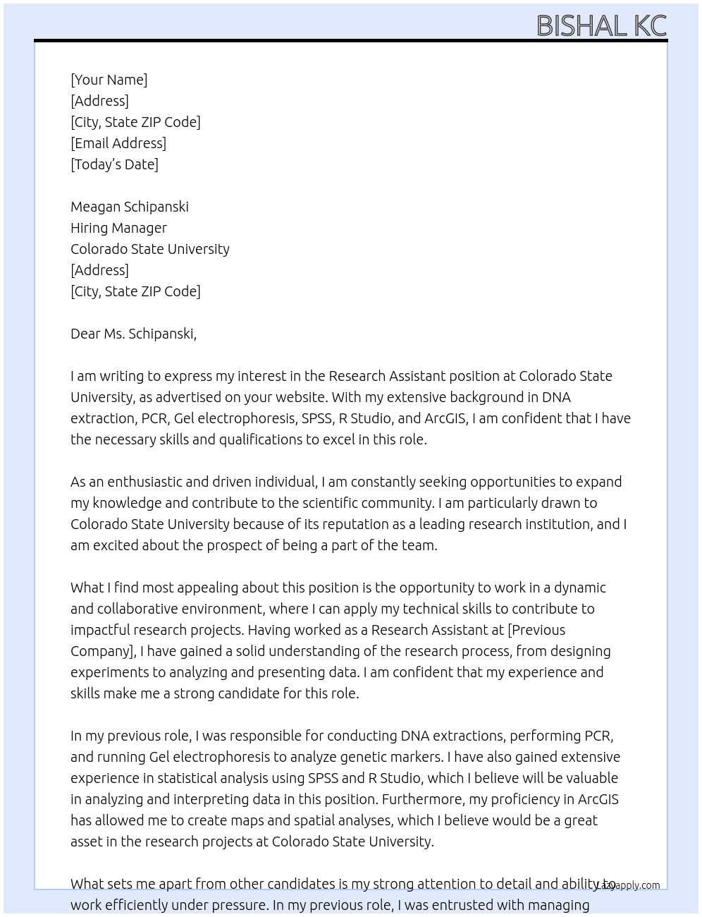 Research Assistant At colorado state university Cover Letter