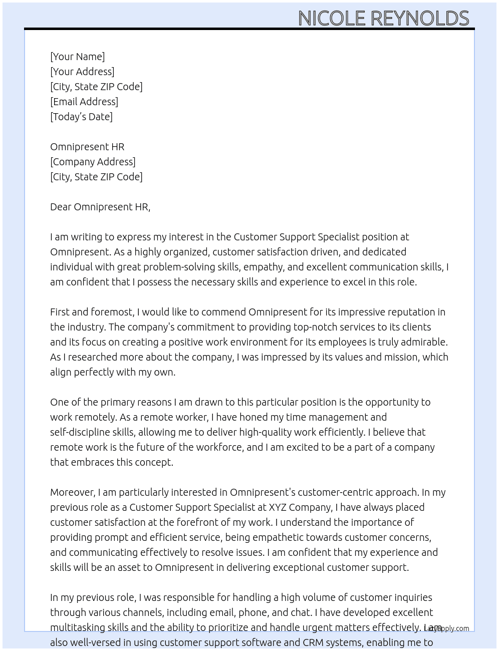 Customer Support Specialist At Omnipresent Cover Letter
