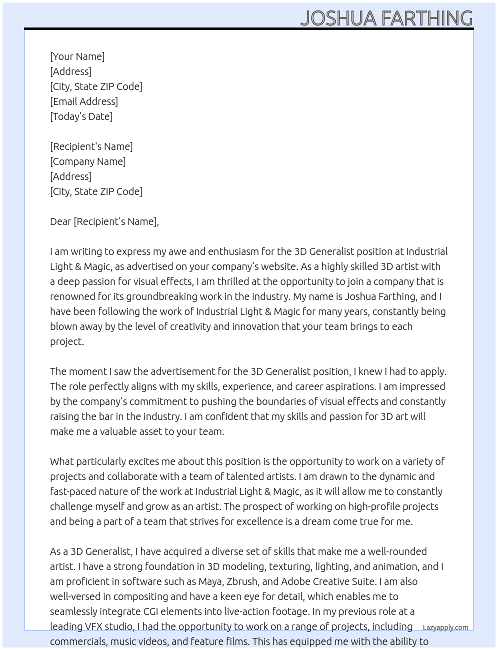 3D Generalist At Industrial Light & Magic Cover Letter
