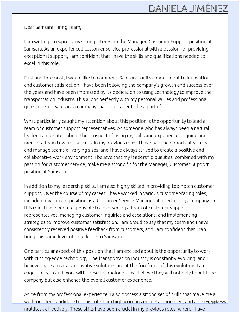 Manager, Customer Support At samsara Cover Letter