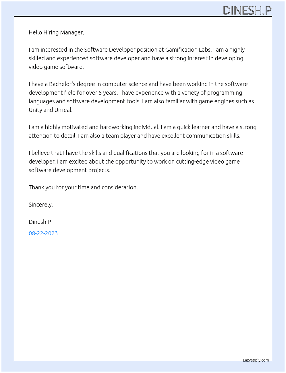 Software Developer  At Gamification Labs  Cover Letter