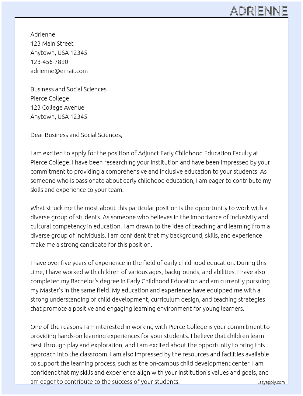 Adjunct Early Childhood Education Faculty At Pierce College Cover Letter