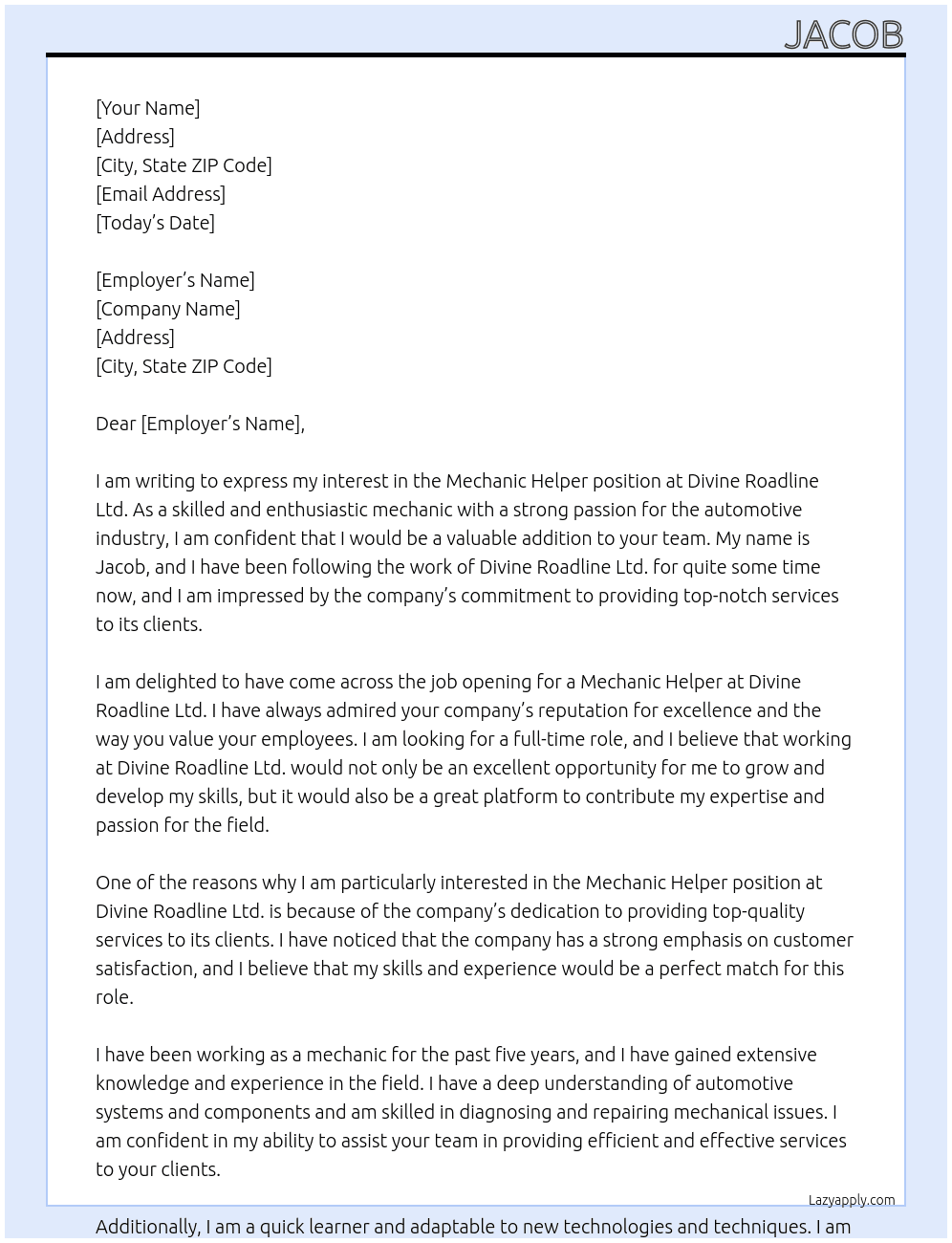 Mechanic Helper At Divine Roadline Ltd. Cover Letter