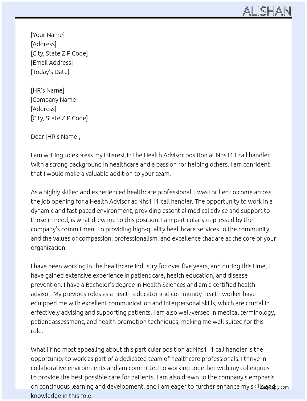 Health advisor At Nhs111 call handler Cover Letter