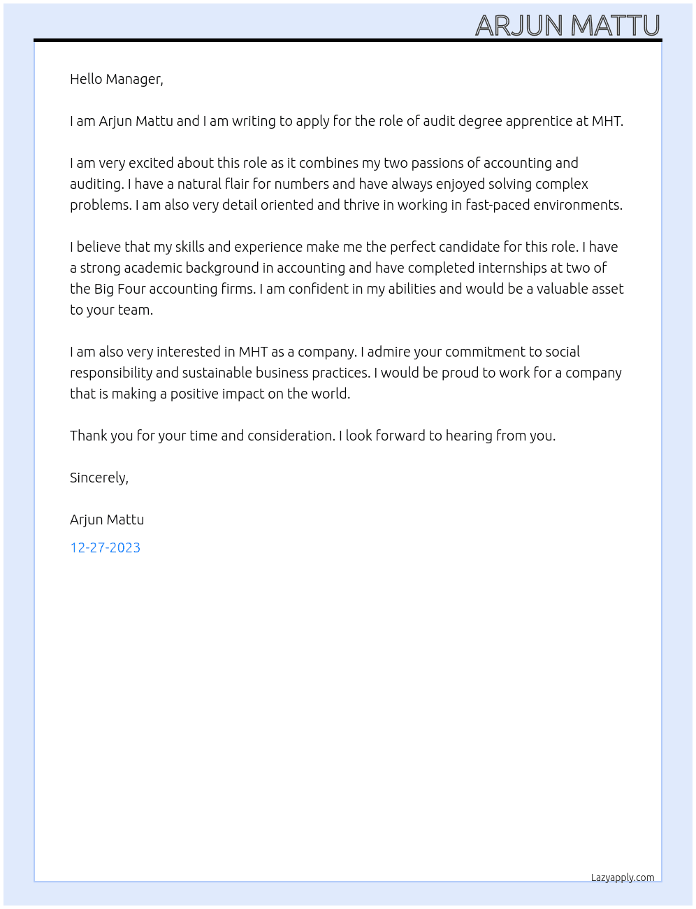 audit At MHT Cover Letter
