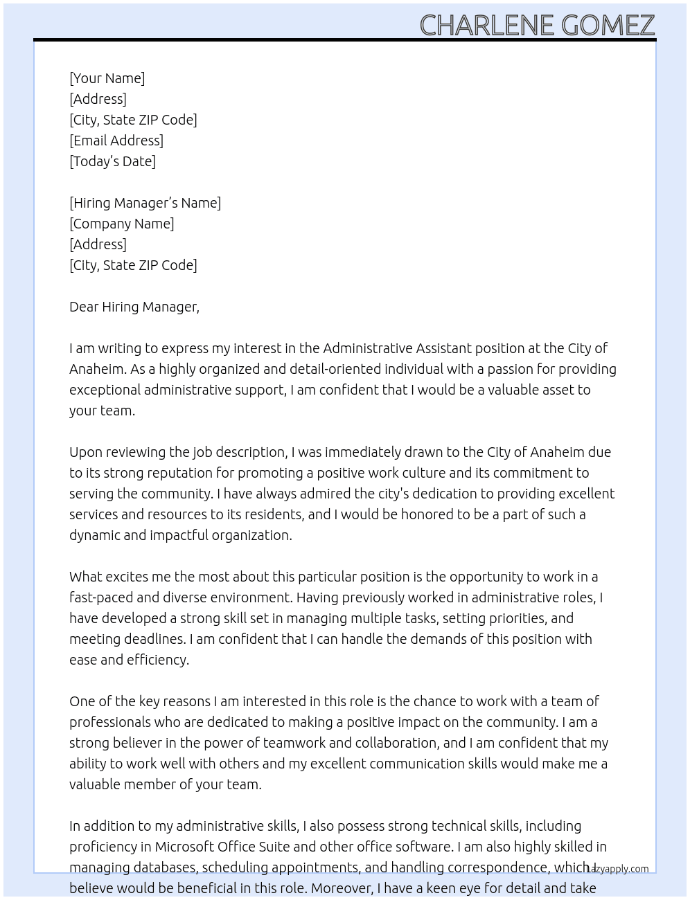 administrative assistant At City of Anaheim Cover Letter