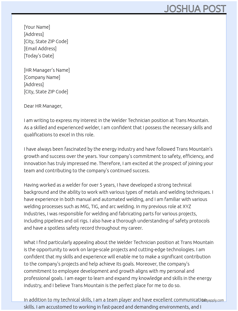 Welder Technician At Trans Mountain Cover Letter