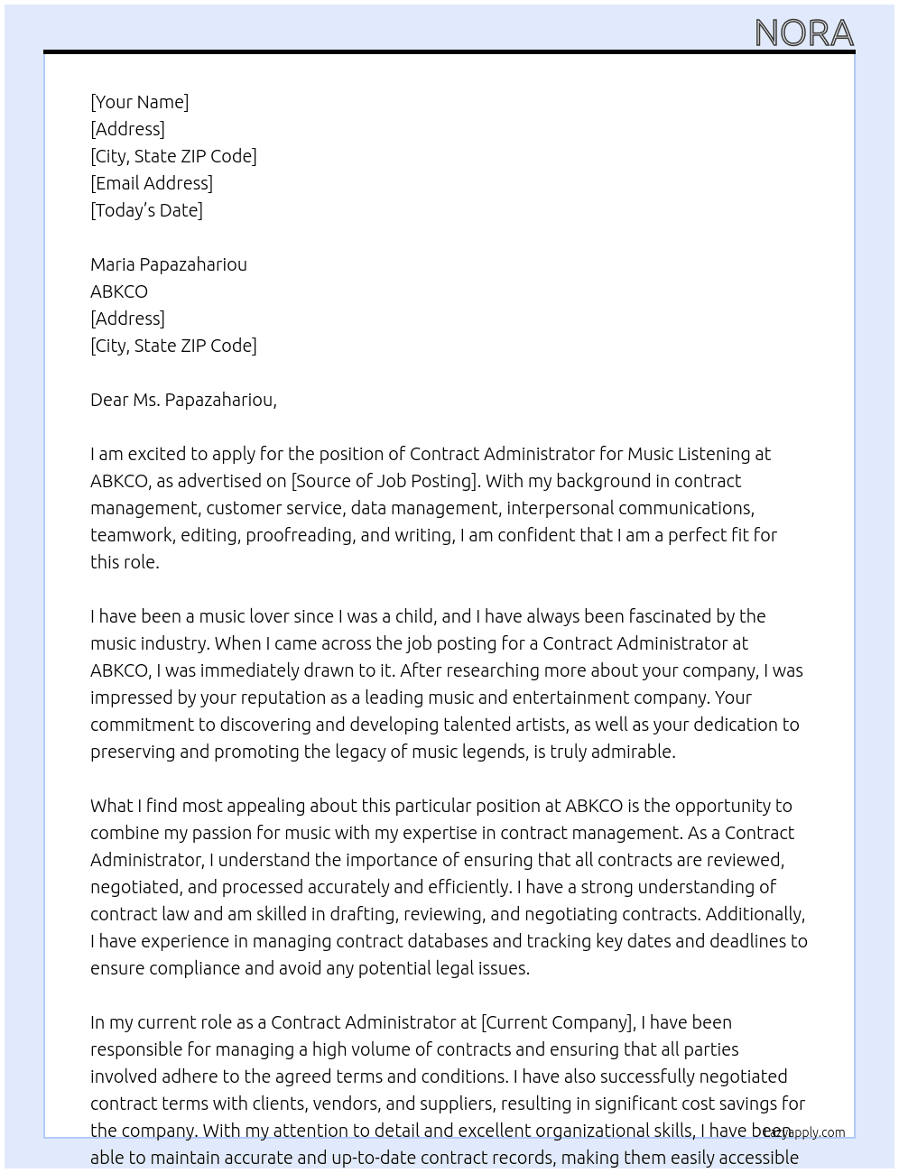 Contract Administrator, Music Listening At ABKCO Cover Letter