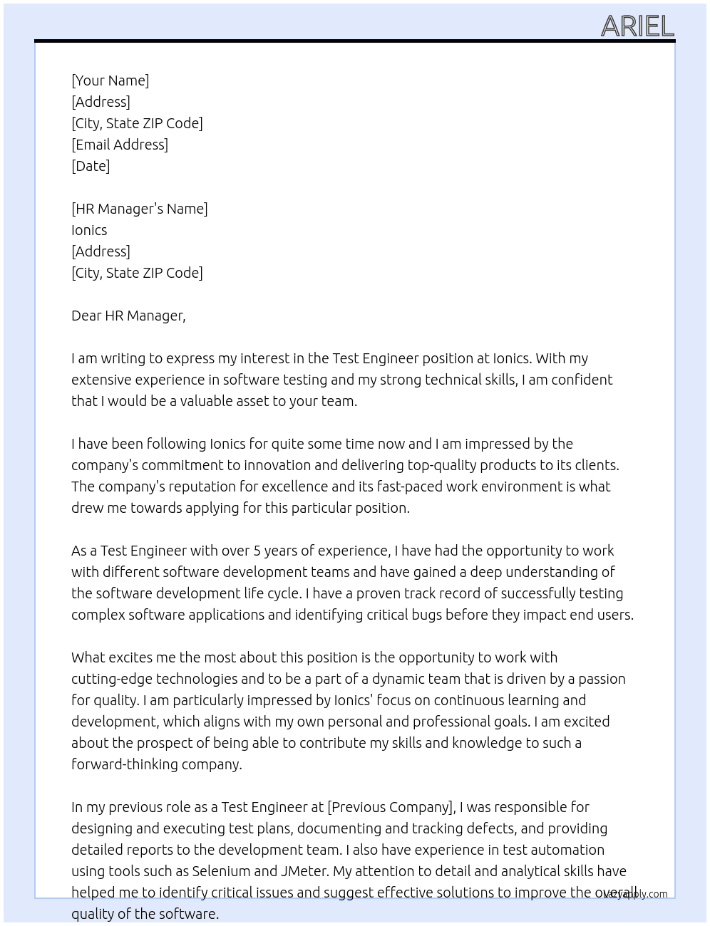 test Engineer At Ionics Cover Letter