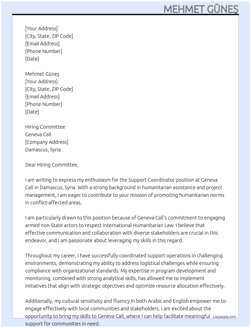 Support Coordinator  Damascus, Syria National At Geneva Call Cover Letter
