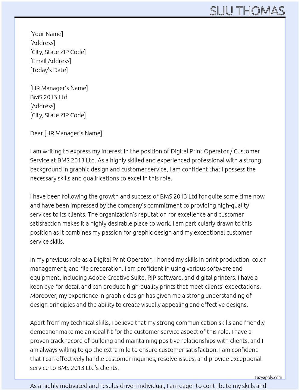 Cover letter for digital print operator / customer service - LazyApply