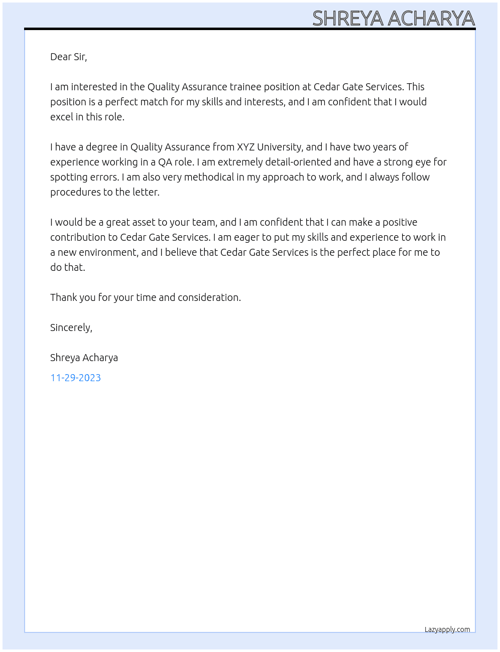 Quality Assurance trainee At Cedar Gate Services Cover Letter