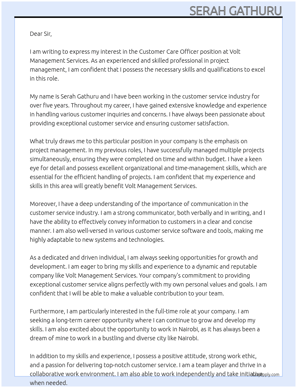 Customer Care officer At volt management services Cover Letter