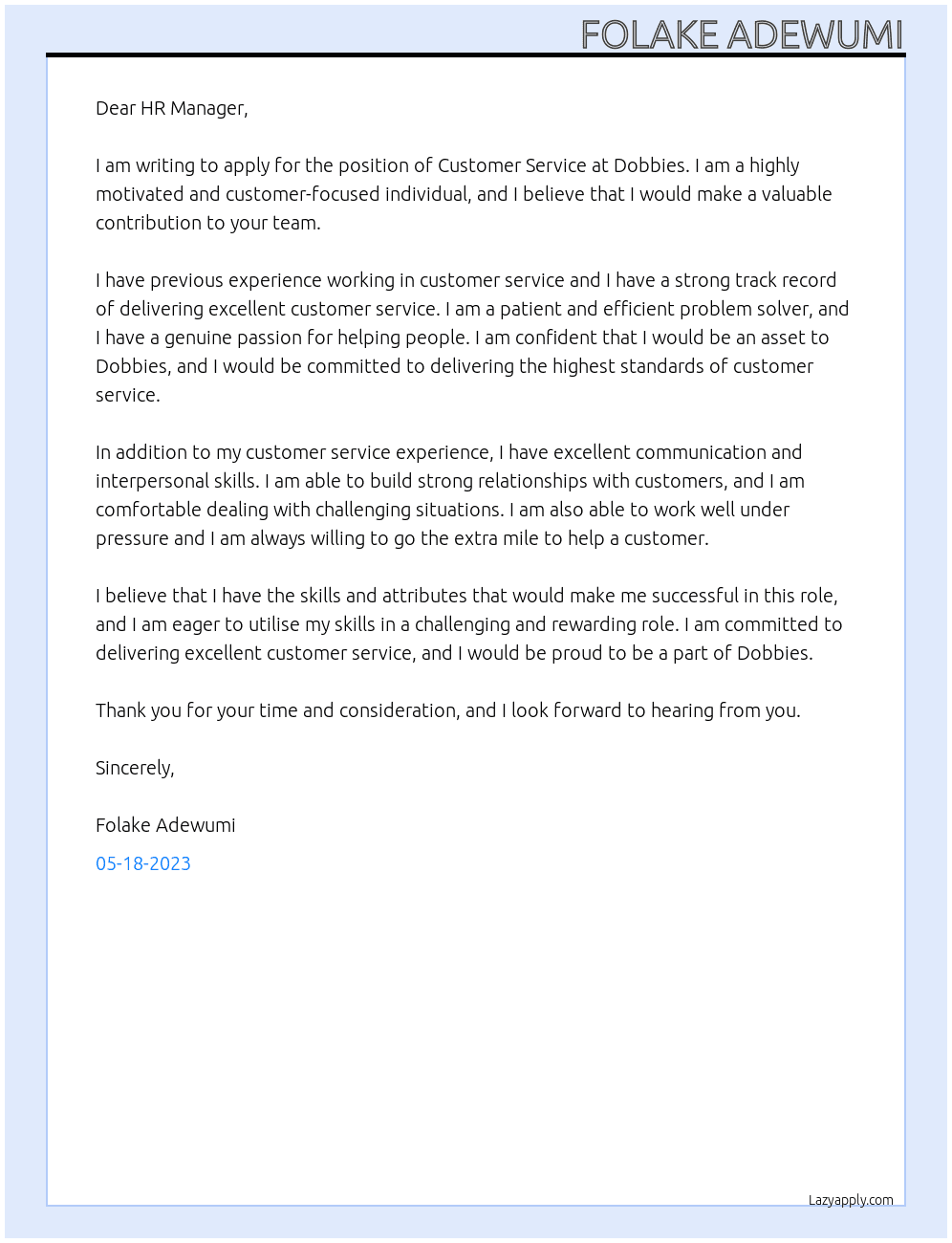 CUSTOMER SERVICE At DOBBIES Cover Letter