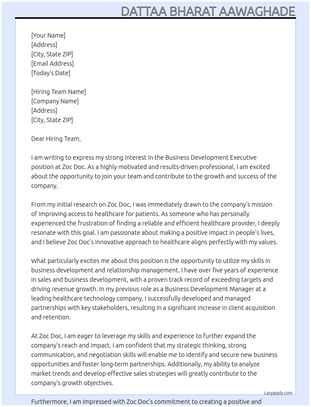 Business Development Executive At Zoc Doc Cover Letter
