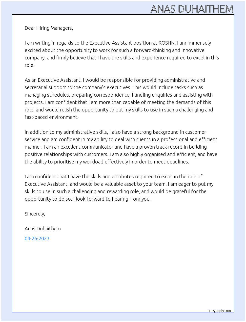 Executive assistant  At ROSHN Cover Letter