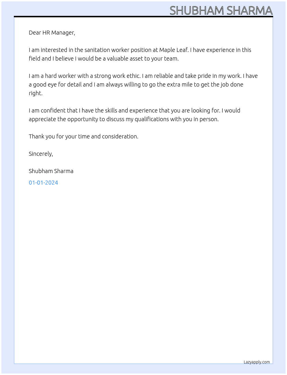 Sanitation Worker At Maple Leaf Cover Letter