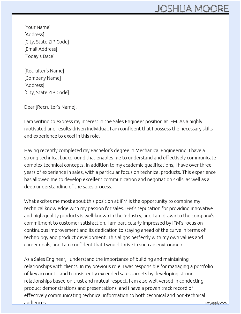 Sales Engineer  At IFM Cover Letter