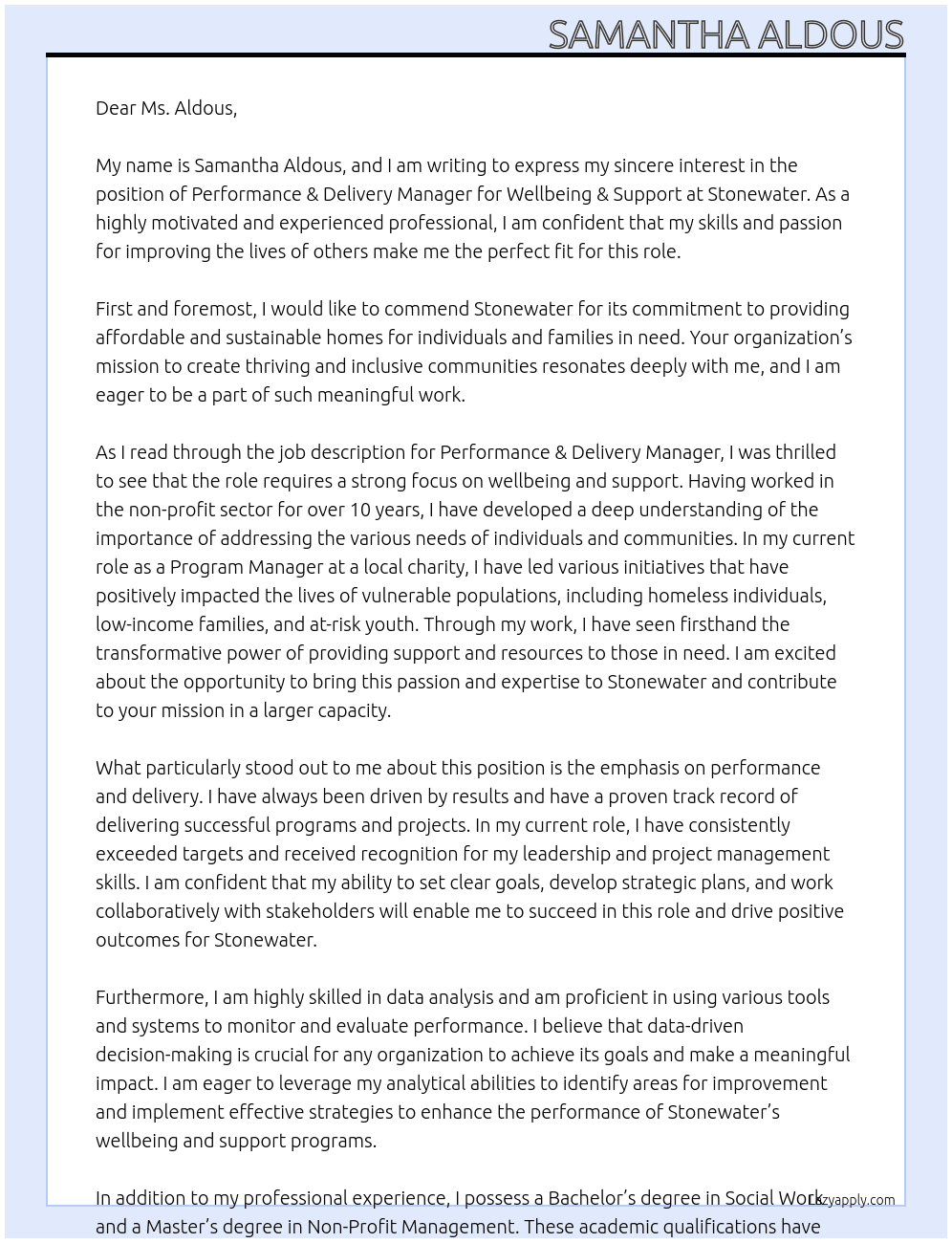 Performance & Delivery Manager - Wellbeing & Support At Stonewater Cover Letter