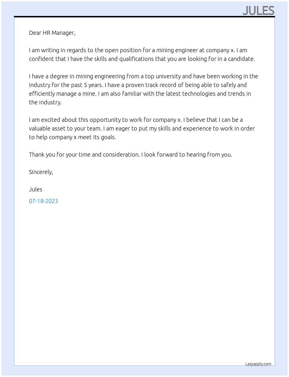 mining At x Cover Letter