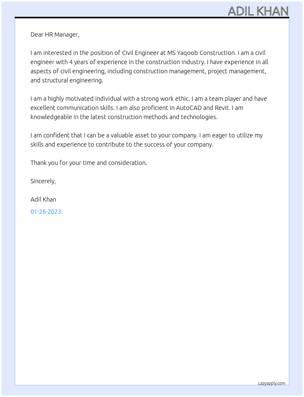 Civil Engineer At MS Yaqoob Construction Cover Letter