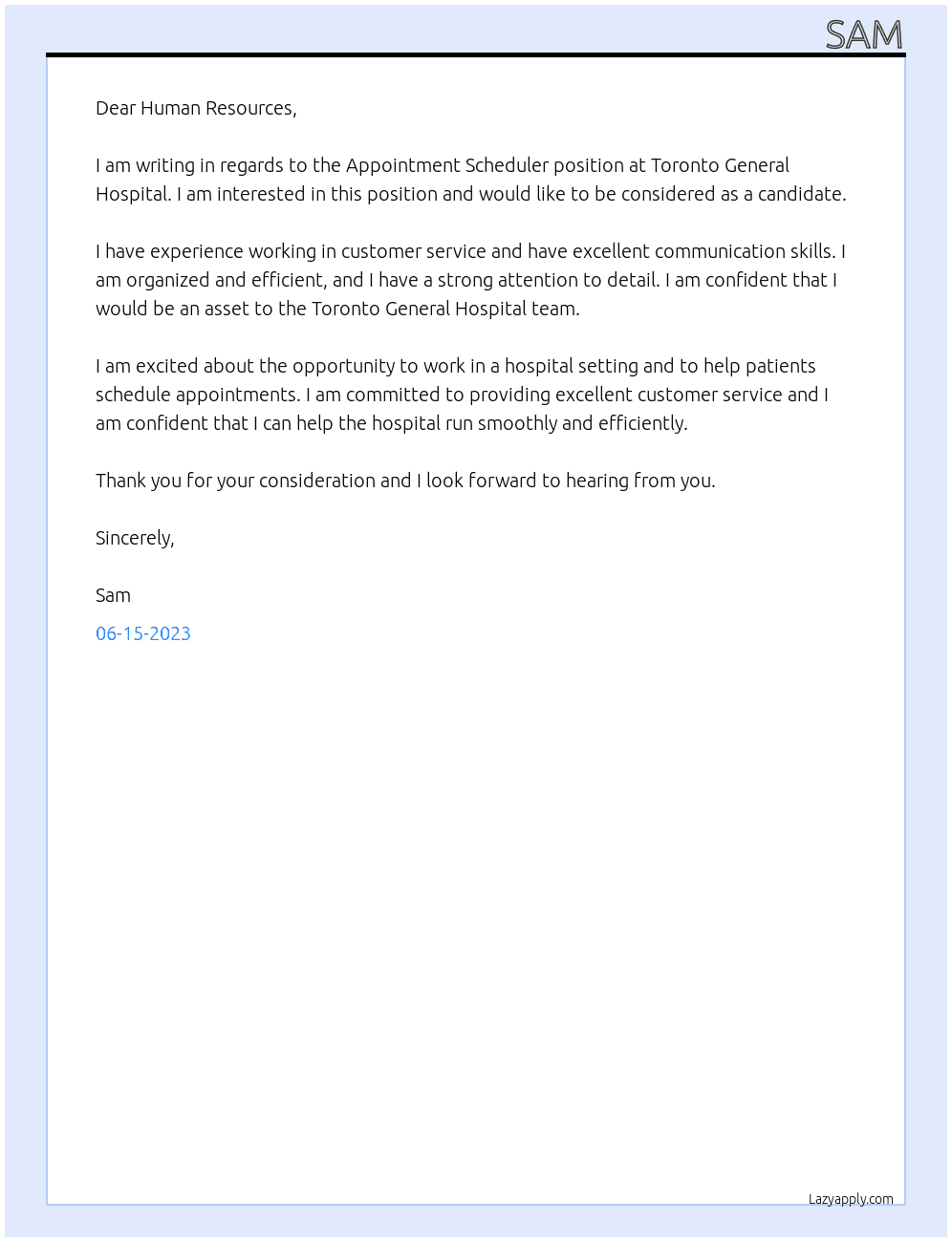 Appointment Scheduler At Toronto General Hospital Cover Letter