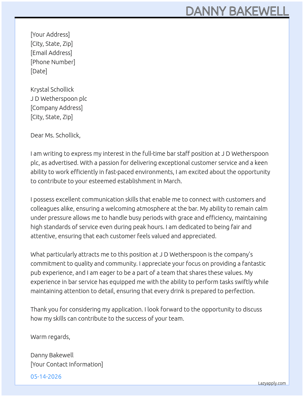 bar staff At J D Wetherspoon plc Cover Letter