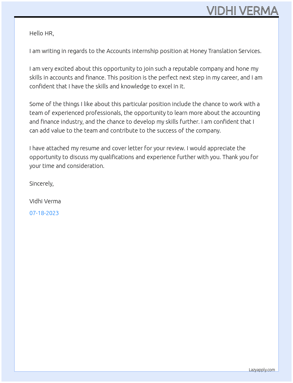 Accounts internship At Honey Translation Services Cover Letter