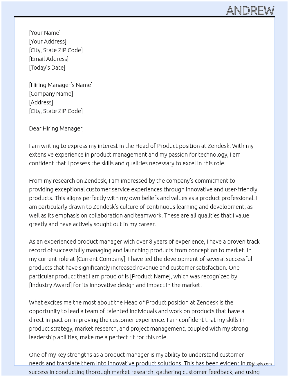 Head of Product At Zendesk Cover Letter