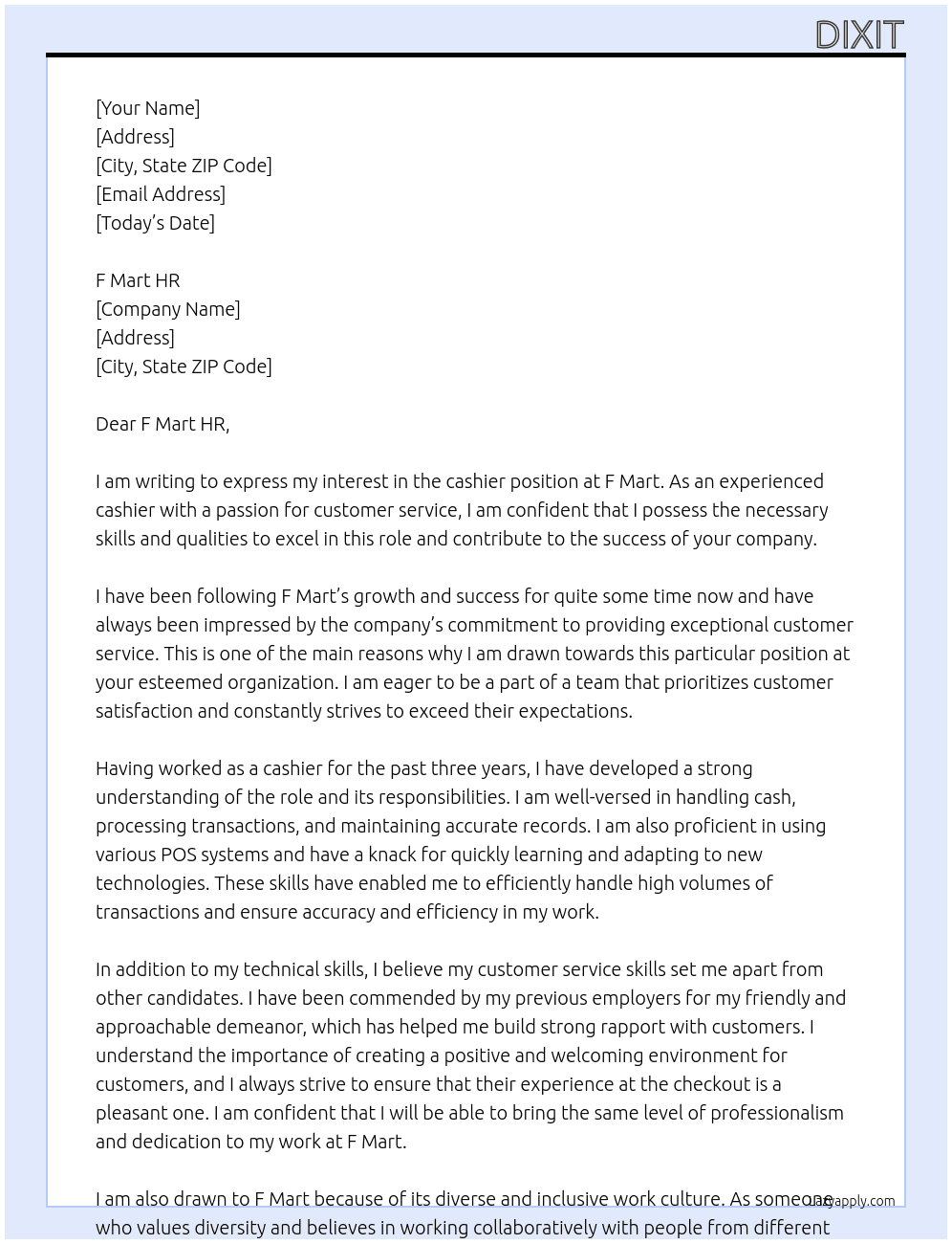 cashier At F mart Cover Letter